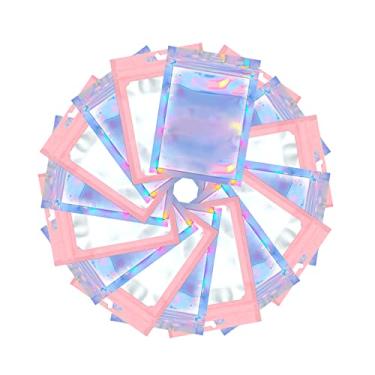Imagem de Pacote com 50 sacos resseláveis à prova de cheiro, sacos resseláveis, sacos Ziplock Mylar resseláveis para biscoitos doces brilho labial rosa, 25 peças + cor holográfica, 25 peças (5,5 x 7,87