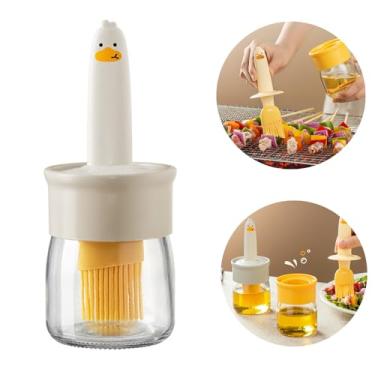 Imagem de Garrafa dispensadora de óleo de cozinha de 200 ml com escova para cozinha, linda garrafa de vidro de silicone para churrasco, recipiente multifuncional para presente (branco) Escova de óleo