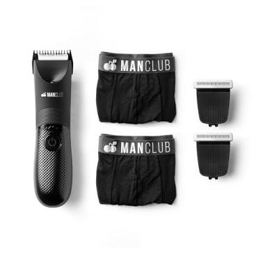 Imagem de MANCLUB® Kit Black com: O Desmatador®, 2 Lâminas de Cerâmica com Tecnologia Anti-Cortes e 2 Cuecas Boxer de Performance - Aparador Elétrico de Virilha, Região Íntima e Pelos Corporais (Preto, P)