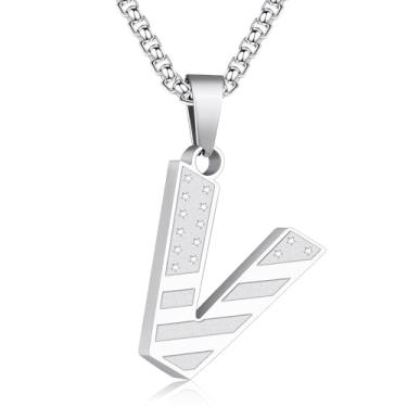 Imagem de Zocomi Colar com pingente de inicial da bandeira americana para homens e meninos, corrente de aço inoxidável 316L A-Z caixa de letras 50 + 5 cm joias presentes, Aço inoxidável, Sem Pedra Preciosa