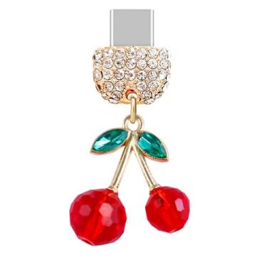 Imagem de ELISE & FONDA TP892 Tipo-C porta de carregamento cristal antipoeira pequeno 3D Cherry pingente de celular para iPhone 15/16/Samsung/OnePlus/Xiaomi/oppo telefones Android (vermelho)