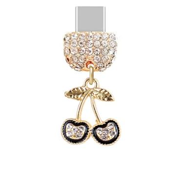 Imagem de ELISE & FONDA TP868 Tipo-C porta de carregamento cristal antipoeira pingente de celular Little Cherry para iPhone 15/16/Samsung/OnePlus/Xiaomi/oppo telefones Android (preto)