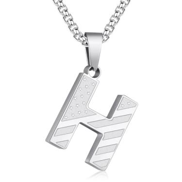 Imagem de Zocomi Colar com pingente de inicial da bandeira americana para homens e meninos, corrente de aço inoxidável 316L A-Z caixa de letras 50 + 5 cm joias presentes, Aço inoxidável, Sem Pedra Preciosa
