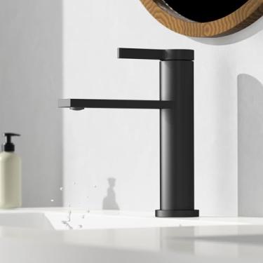 Imagem de Borlon Torneira de banheiro preta fosca para 1 furo, torneira de alça única para pia de banheiro com ralo pop-up, torneira misturadora de lavatório de fazenda simples RV Bar