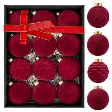 Imagem de WDF 12 peças de enfeites de árvore de Natal de veludo - enfeites de Natal bordô 4 estilos - bola de Natal vermelha - 80 mm 8 cm inquebrável para decorações de árvores de Natal