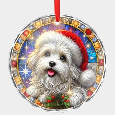 Imagem de Enfeite de Natal de cristal para amantes de cães maltês, design de vitral impresso plano, filhote de Natal com chapéu de Papai Noel, disco redondo de 7,6 cm (0,6 cm de espessura) com bordas chanfradas