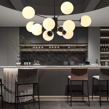 Imagem de Lâmpada Pendente Grande Sala De Estar Lustre E27 Moderno Lâmpada De Ferro Esférico Luz Suspensa Quarto Sala De Jantar Lâmpada Abajur De Vidro Iluminação Molecular Bar, Black, 10 heads