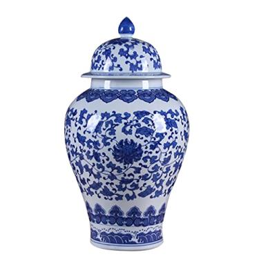 Imagem de AKALNNB Vasos de cerâmica azuis e brancos de gengibre com tampa para decoração de casa, vasos de flores secas antigos, decoração de templo de porcelana chinesa tradicional para sala de estar