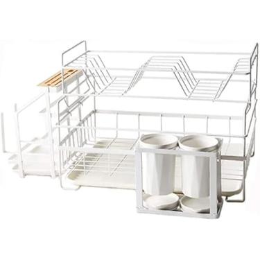 Imagem de AKALNNB Escorredor de pratos, escorredor de pratos, escorredor de pratos com suporte de talheres, escorredor de pratos com dreno para balcão de cozinha, organizador de prateleira, suporte de