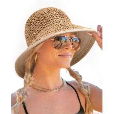 Imagem de Chapéu de sol FURTALK Summer Straw Beach para mulheres UPF 50 cáqui