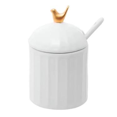 Imagem de Açucareiro de Cerâmica C/Colher Colibri Branco 10,5x7cm Wolff