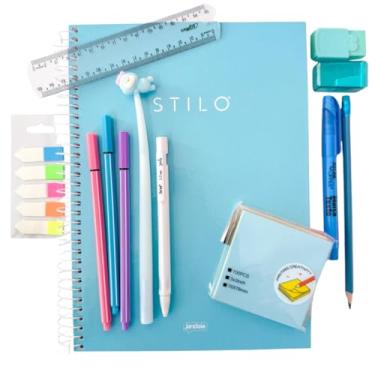 Imagem de Kit Escolar Completo, Caderno Universitário 10 Matérias Capa Dura, 160 páginas,Canetas Coloridas, Régua, Borracha, Bloco de Notas, Marcador de páginas, Lapiseira 2.0mm (Azul)