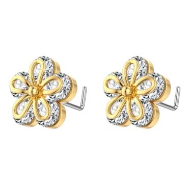 Imagem de Niaspi Anel de nariz de flor em forma de L para mulheres, zircônia cúbica de cristal, aço inoxidável, piercing de narina dupla floral delicada joia