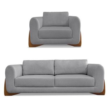 Imagem de Kit Poltrona E Sofá 2 Lugares Linho Pés Castanho Cor Grafite