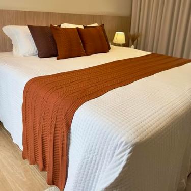 Imagem de Kit peseira manta trico cama casal queen king para sofá com 2 almofadas decorativa cama posta (Ferrugem, Queen)