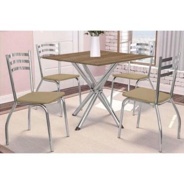 Imagem de Sala De Jantar Completa Volga Com Tampo De Madeira 90cm + 4 Cadeiras Portugal Cromada-capuccino - Kappesberg