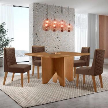 Imagem de Mesa Evora 90 Mdf Canto Copo E Com 4 Cadeiras Safira Veludo Marrom Naturalle