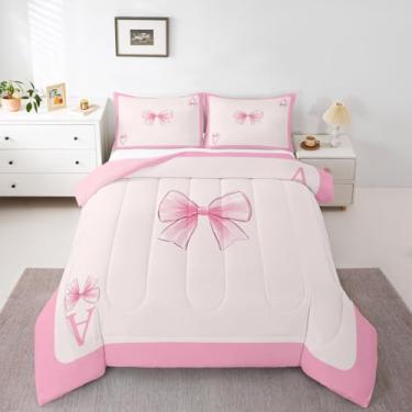 Imagem de jejeloiu Conjunto de cama macio com laço para meninos e meninas, conjunto de edredom com inicial, tamanho solteiro, alfabeto, edredom, laço de microfibra, decoração de quarto, 2 peças com 1 fronha