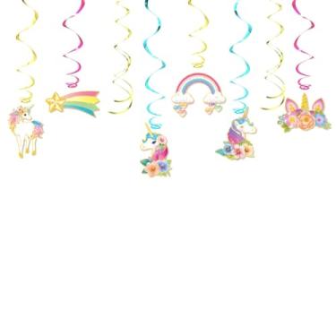Imagem de 6 peças de decorações de redemoinho de unicórnio, arco-íris, flor, nuvem, folha, flâmulas de teto, ornamentos coloridos para pendurar, recortes, faixa de flâmula para decoração de porta de árvore