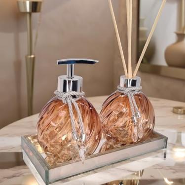 Imagem de Kit Lavabo Decorativo Vidro 300ml Completo com Saboneteira Difusor e Bandeja Luxo Para Banheiro(Ambar C/Prata,Sem Bandeja)