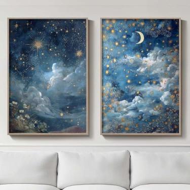 Imagem de Arte de parede em tela celestial lua e estrelas estrela e lua pôsteres estéticos Ccottagecore arte de parede estrela rústica etérea mística luar pôsteres estrelas arte Moody Academia impressões 40 x