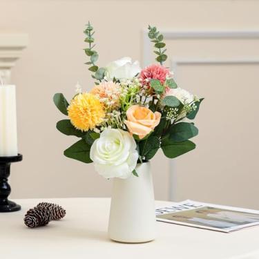 Imagem de YOSKMIOR Flores falsas em vaso de cerâmica, flores artificiais internas com vaso branco para decoração de mesa de jantar, arranjos de flores artificiais de eucalipto para quarto, casa, escritório
