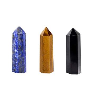 Imagem de Rockcloud Pacote com 3 varinhas de cristal de cura com pontos 6 pedras de chacra Reiki para decoração de terapia de meditação 5 cm, lápis-lazúli + olho de tigre + obsidiana preta
