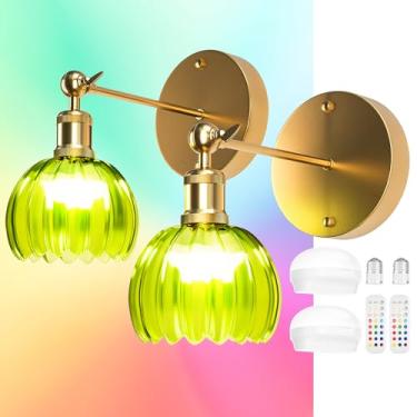Imagem de Letaclanic Pacote com 2 arandelas vintage operadas a bateria com abajur de vidro tulipa verde, bateria de 4000 mAh, instalação sem perdas, luz de parede alimentada por bateria com controle remoto para