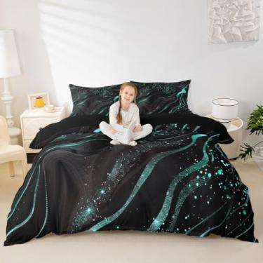 Imagem de Erosebridal Capa de edredom com textura de mármore, tamanho solteiro, preto, azul-petróleo, para adolescentes, meninos, brilhante, brilhante, moderna, estética, capa de edredom de pedra estética
