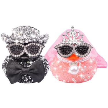 Imagem de CoFuBcad 2 peças diamante brilhante casamento patos de borracha decoração painel de carro, noivo noiva casal pato para presentes de casamento, desejos de casamento, lembranças de casamento, patinhos