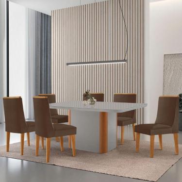 Imagem de Mesa De Jantar Isadora 180cm Tampo Mdf Vidro Com 6 Cadeiras Veludo Marrom Naturale Serigrafia Off White