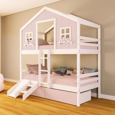 Imagem de Beliche Casinha Sonhos Com 02 Gavetas Rosa Kit Escada/ Escorregador Madeira Maciça Rosa/ Branco Housin