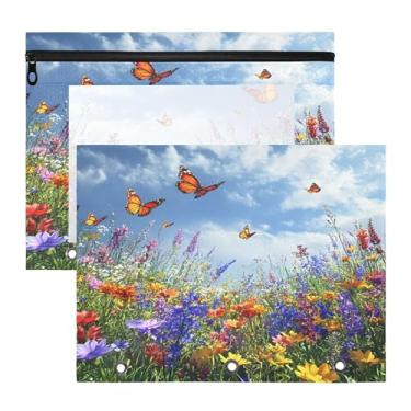 Imagem de SEHANY Pasta de lápis de flores de jardim com 3 anéis - bolsa de documentos com zíper tamanho A4 com janela transparente para sala de aula, escritório, 2 peças