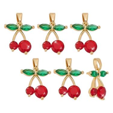 Imagem de WADORN Pingentes banhados a ouro 18 K, 6 peças, pingentes de strass de latão para mulheres, pingentes de zircônia cúbica de cereja, pingentes de strass vermelho para pulseiras, brincos, colar