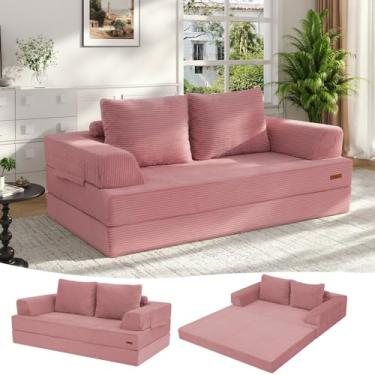 Imagem de COMAX Sofá-cama Futon, sofá-cama dobrável conversível, sofá desossado, sofá de veludo cotelê com travesseiros, pequeno sofá dobrável confortável para sala de estar, quarto, rosa