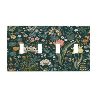 Imagem de Nadoabtm Placa de cobertura de interruptor de luz vintage floral verde escuro padrão botânico 4 gangues quadriciclo interruptores decorativos capas de placa de tomada elétrica placa de parede para