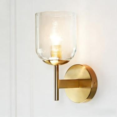 Imagem de Arandela De Parede De Latão Antigo, Arandela De Banheiro Simples Em Formato De Sino Com Cúpula De Vidro Nervurado, Iluminação De Parede Para Quarto, Luminária Interna