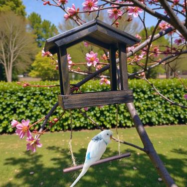 Imagem de Comedouro para Pássaros em Madeira Tingida e Envernizada com Verniz Fosco, com Poleiro e Gancho para Pendurar, 27 cm de Altura, Ideal para Varanda