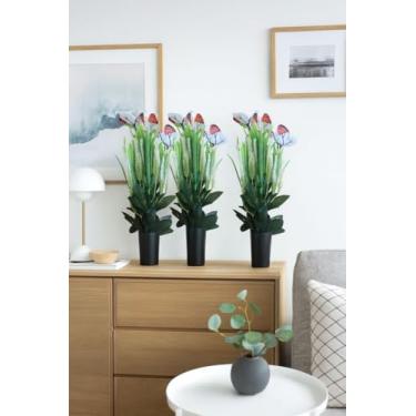 Imagem de Arranjo de Flores Artificiais com Borboletas Decorativas, Plástico, Verde e Rosa, 40cm de Altura, Kit com 3 Unidades