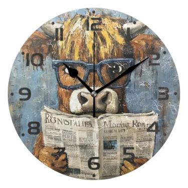 Imagem de JUZIHAI Highland Cow Reads Relógio de parede de jornal silencioso, sem tique-taque, relógios de parede redondos, operados por bateria, fácil de ler, relógio decorativo de parede para casa, cozinha