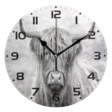 Imagem de JUZIHAI Relógio de parede Highland Cow, silencioso, redondo, sem tique-taque, operado por bateria, fácil de ler, relógio decorativo de parede para casa, cozinha, sala de estar, quarto, escritório, 25