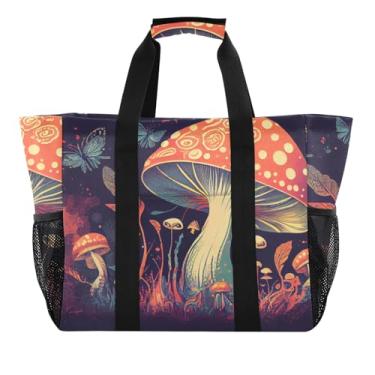 Imagem de ODAWA Bolsa de praia de lona embalável com borboleta de cogumelo fantasia para uso diário e esportes, bolsa de praia dobrável à prova d'água, Borboleta cogumelo fantasia, One Size