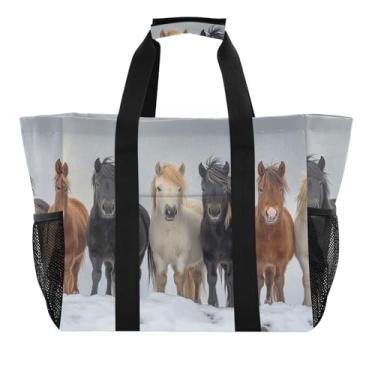 Imagem de ODAWA Sacola reutilizável aberta para praia com cavalos de inverno para academia, bolsa de viagem dobrável, Bonitos cavalos de inverno, One Size