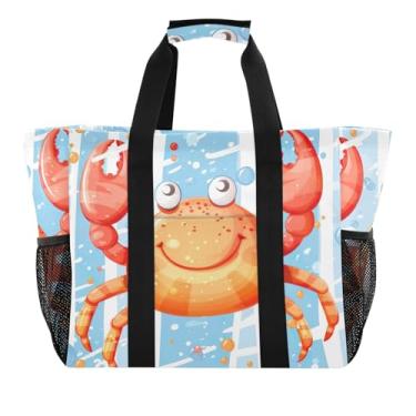 Imagem de ODAWA Bolsa de mão de caranguejo vermelho portátil embalável à prova d'água à prova de areia - Bolsa de compras diária de lona durável com bolsos com zíper, Caranguejo vermelho fofo de desenho animado