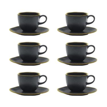 Imagem de Cj 6 Xícaras P/Chá C/Pires de Porcelana Orgânico Ryo Volcano Preto Fosco/Ocre 220ml Oxford