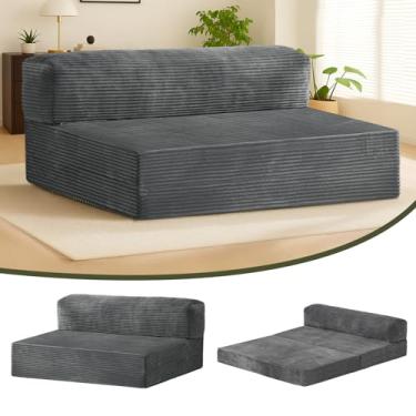 Imagem de NLDD Colchão dobrável de 15 cm, sofá-cama conversível, cama de chão e sofá-cama com capa de veludo cotelê removível e alças de transporte, espuma de alta densidade (cinza, Queen)