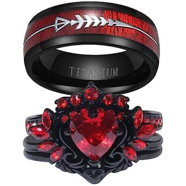 Imagem de Ringskull Conjunto de alianças de casamento de zircônia cúbica vermelha e coração 1 quilate com asas banhadas a ouro preto, women size7 & men size13, Papel, Zircônia cúbica