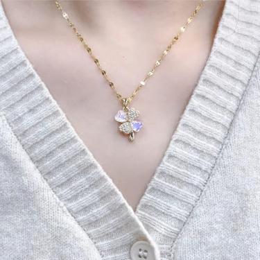 Imagem de Colar feminino com pingente de folha de trevo de cristal dourado CZ olho de gato trevo flor irlandesa colar gargantilha corrente ajustável dia de São Patrício joia de feriado 45,7 cm