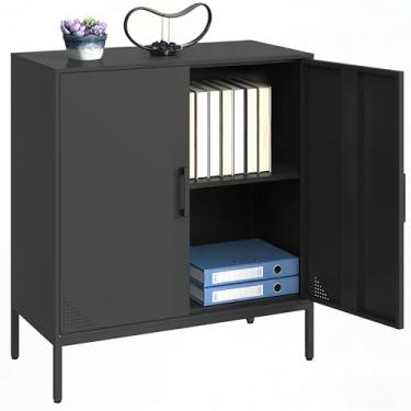 Imagem de Steehoom Armário de armazenamento de metal com prateleiras ajustáveis, aparador buffet de aço para entrada, sala de estar, sala de jantar, cozinha, escritório, bar (preto, 80 cm P x 40 cm L x 90 cm A)