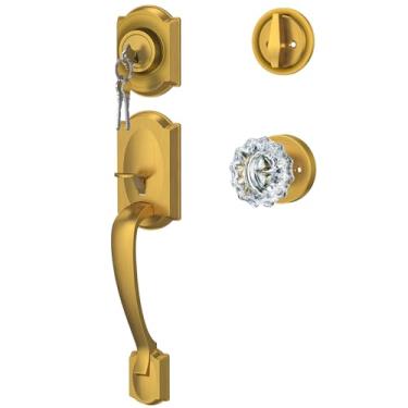 Imagem de Calzibeno Conjunto vintage de maçanetas e fechaduras, conjunto de fechadura de porta frontal de latão antigo com maçaneta de vidro cristal, conjunto de fechadura de porta de entrada com cilindro único